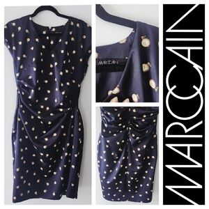 NWT MARC CAIN Navy Dress Size N5 Large/US 12 Pearl Polka Dot Print Draped Waist